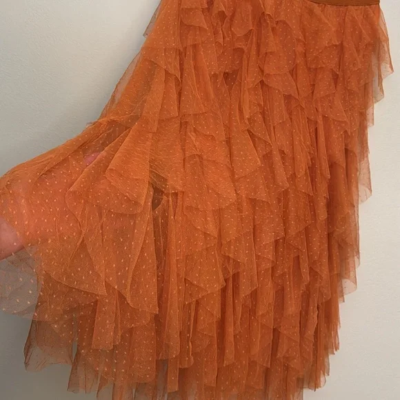 New Anthropologie Cheri Ruffle Tulle Elastic Waist Orange Preppy Midi Skirt XL - Picture 5 of 11